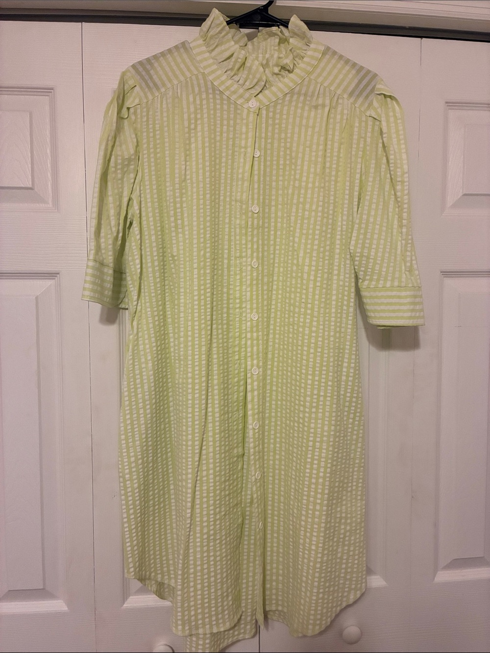Adrienne Light Green Striped Ruffle-Collar Midi Dress
